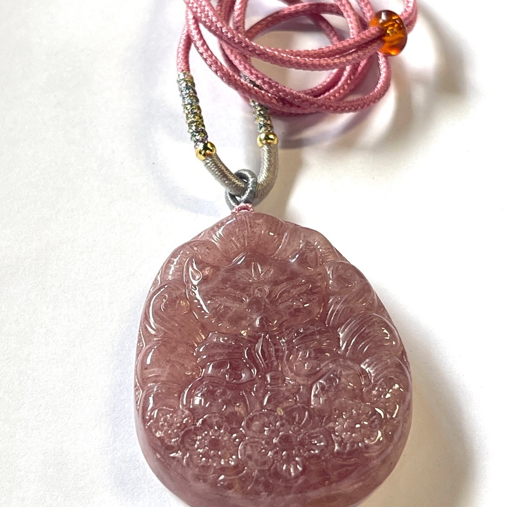 Strawberry Quartz Nine Tailed Fox Pendant Necklace with Pink Cord